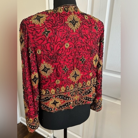 🌟Vintage Papell Boutique Red Silk Heavy Beaded Holiday Costume Formal Jacket S - Picture 6 of 8